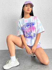 SHEIN EZwear 熊和標語圖案紮染落肩T恤和騎行褲 - 彩色 - 查看 7