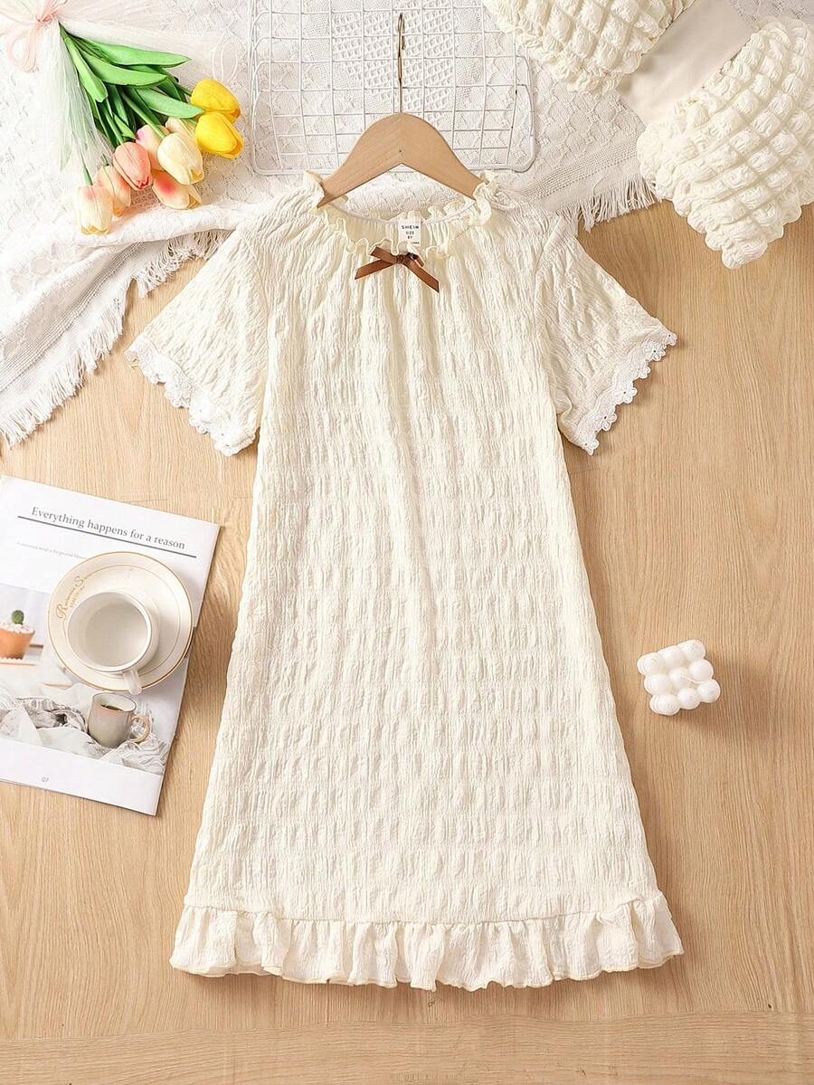Girls Bow Front Ruffle Hem Nightdress - Beige - View 1