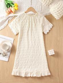 Girls Bow Front Ruffle Hem Nightdress - Beige - View 2