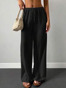 Cottnline Pantalon large à taille élastique unicolore