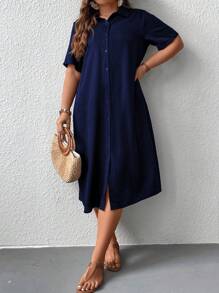 SHEIN LUNE 大碼高衩前紐扣襯衫連衣裙 - 寶藍色 - 查看 6