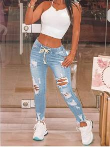 Drawstring Waist Ripped Raw Hem Skinny Pants - Light Wash - View 1