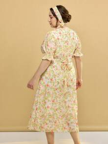 Simple Retro Plus Allover Floral Print Flounce Sleeve Ruffle Trim Dress - Multicolor - View 2