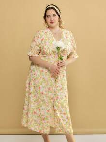 Simple Retro Plus Allover Floral Print Flounce Sleeve Ruffle Trim Dress - Multicolor - View 5