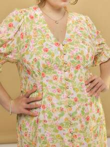 Simple Retro Plus Allover Floral Print Flounce Sleeve Ruffle Trim Dress - Multicolor - View 6