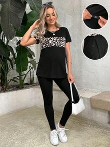 SHEIN Maternity Leopard Print Tee & Adjustable Waist Leggings - Black - View 5