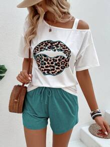 SHEIN LUNE Bộ đồ hai mảnh nữ Bất đối xứng Thắt nút Con số In hoa Báo Giải trí - Nhiều màu - Xem 1