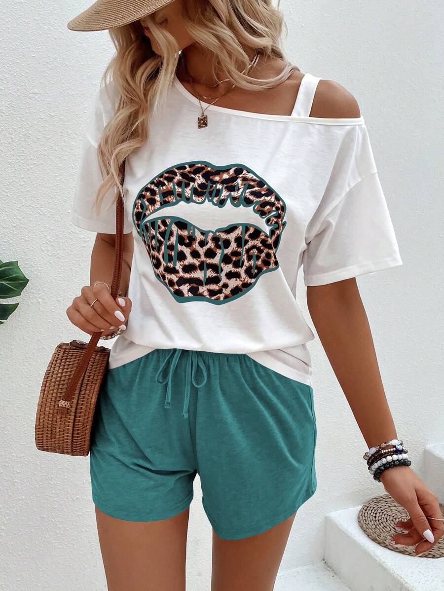 SHEIN LUNE Bộ đồ hai mảnh nữ Bất đối xứng Thắt nút Con số In hoa Báo Giải trí - Nhiều màu - Xem 1