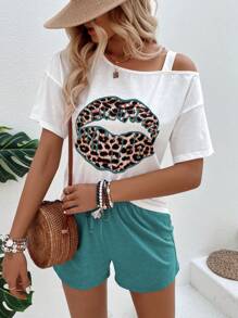 SHEIN LUNE Bộ đồ hai mảnh nữ Bất đối xứng Thắt nút Con số In hoa Báo Giải trí - Nhiều màu - Xem 3