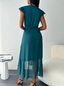 RueChic Vestido con cinturón de cuello cruzado ribete con fruncido - Verde Oscuro - Ver 2
