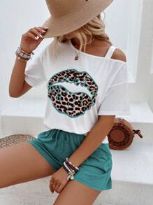 SHEIN LUNE Bộ đồ hai mảnh nữ Bất đối xứng Thắt nút Con số In hoa Báo Giải trí - Nhiều màu - Xem 4