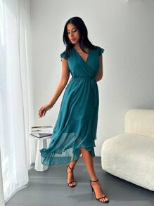 RueChic Vestido con cinturón de cuello cruzado ribete con fruncido - Verde Oscuro - Ver 4