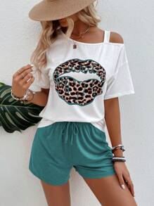 SHEIN LUNE Bộ đồ hai mảnh nữ Bất đối xứng Thắt nút Con số In hoa Báo Giải trí - Nhiều màu - Xem 6