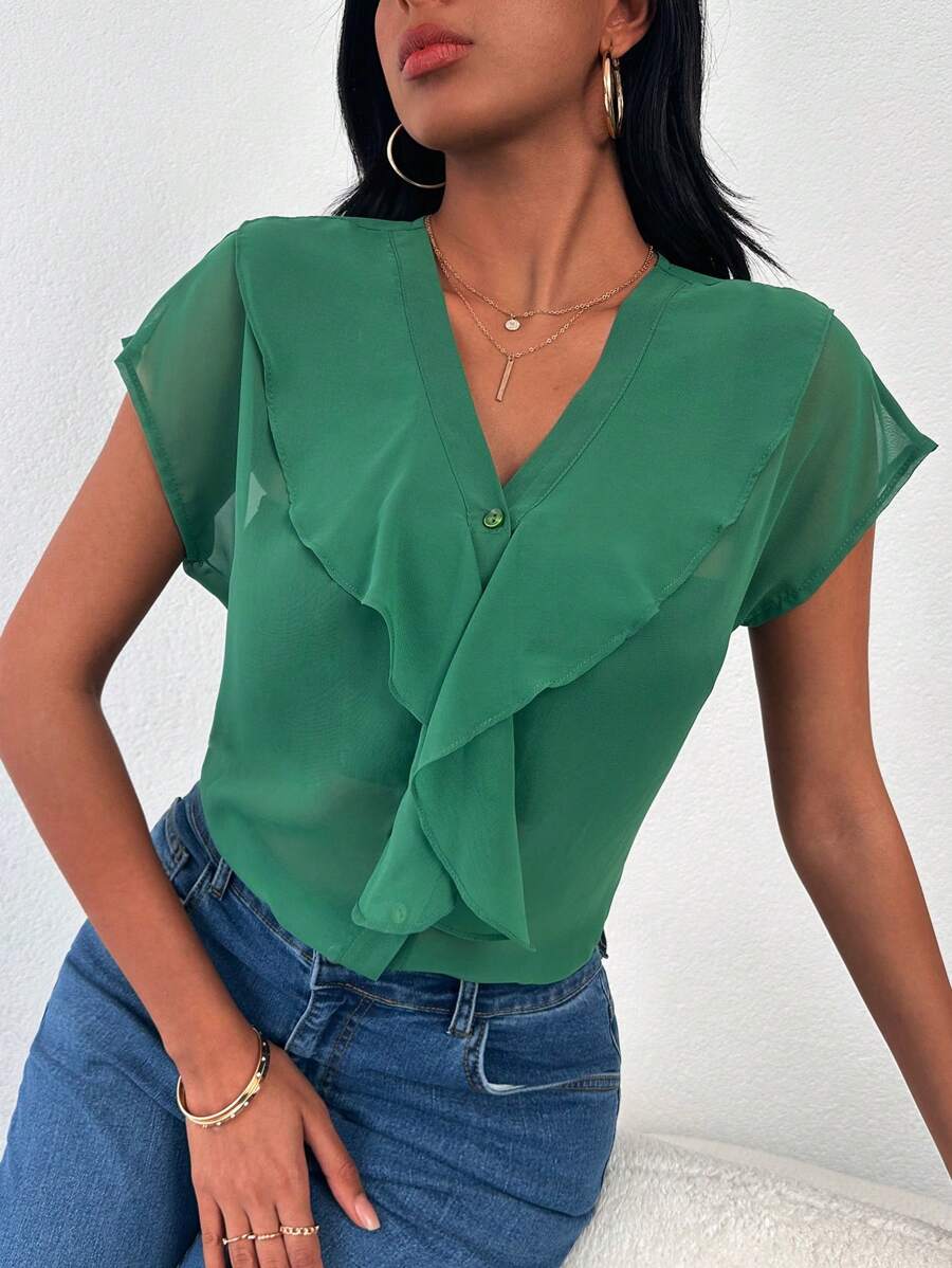 RueChic Ruffle Trim Batwing Sleeve Blouse - Green - View 1