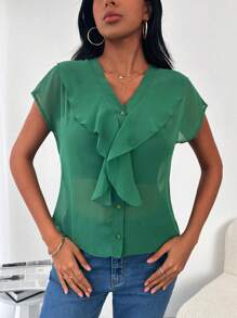 RueChic Ruffle Trim Batwing Sleeve Blouse - Green - View 3