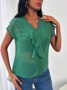RueChic Ruffle Trim Batwing Sleeve Blouse - Green - View 5