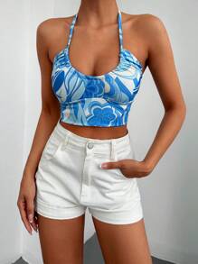 EURMUSE Floral Print Tie Backless Halter Top - Blue - View 1