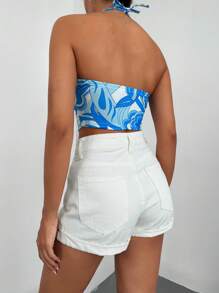 EURMUSE Floral Print Tie Backless Halter Top - Blue - View 2