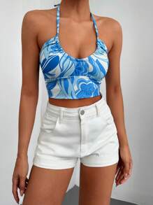 EURMUSE Floral Print Tie Backless Halter Top - Blue - View 4
