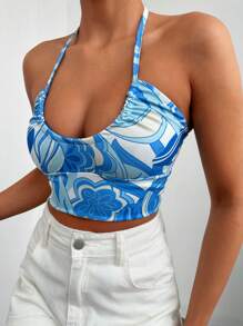 EURMUSE Floral Print Tie Backless Halter Top - Blue - View 5