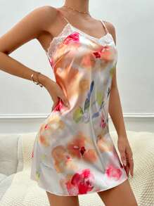 印花緞面吊帶睡裙 - 彩色 - 查看 1