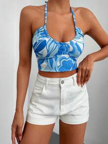 EURMUSE Floral Print Tie Backless Halter Top - Blue - View 6