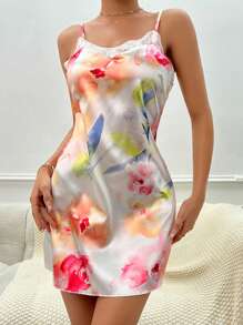 印花緞面吊帶睡裙 - 彩色 - 查看 4