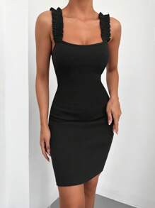 Vestido ajustado ribete fruncido tejido de canalé - Negro - Ver 1