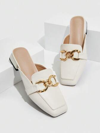 CUCCOO BIZCHIC 女士金属装饰方头穆勒平底鞋，时尚户外平底鞋，夏季度假鞋，夏季促销，返校鞋，大学生鞋，优雅基础款，商务休闲，商务时尚，圣诞节，秋季，新年假期