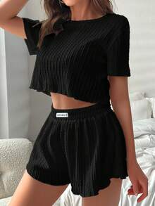 Slogan Graphic Lettuce Trim Lounge Set - Black - View 2