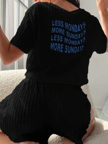 Slogan Graphic Lettuce Trim Lounge Set - Black - View 3