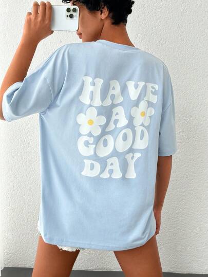 Cottnline Blumen- & Slogan Graphic Oversize T-Shirt
