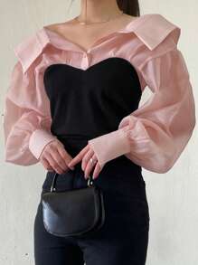 DAZY Two Tone 2 In 1 Bishop Sleeve Blouse - Multicolor - View 3