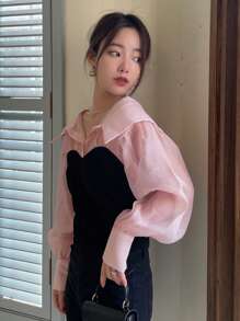 DAZY Two Tone 2 In 1 Bishop Sleeve Blouse - Multicolor - View 4