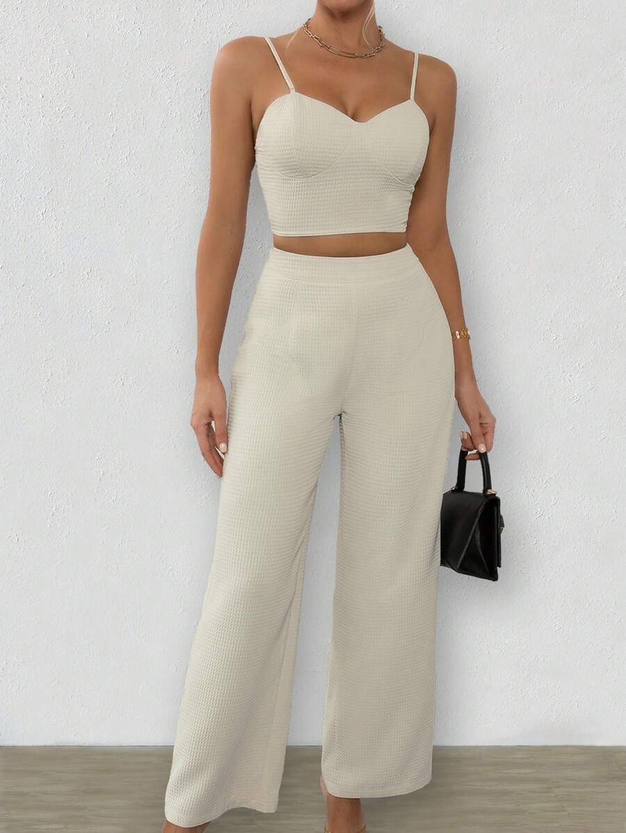 Chiquease Solid Crop Cami Top & Wide Leg Trousers - Apricot - View 1