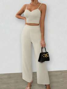 Chiquease Solid Crop Cami Top & Wide Leg Trousers - Apricot - View 3