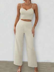 Chiquease Solid Crop Cami Top & Wide Leg Trousers - Apricot - View 4