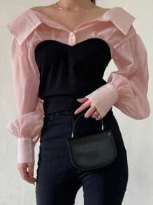 DAZY Two Tone 2 In 1 Bishop Sleeve Blouse - Multicolor - View 8