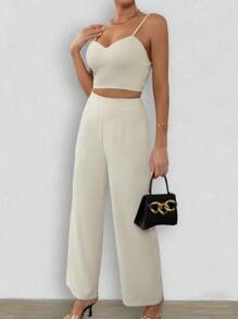 Chiquease Solid Crop Cami Top & Wide Leg Trousers - Apricot - View 5