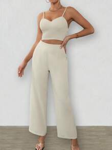 Chiquease Solid Crop Cami Top & Wide Leg Trousers - Apricot - View 6
