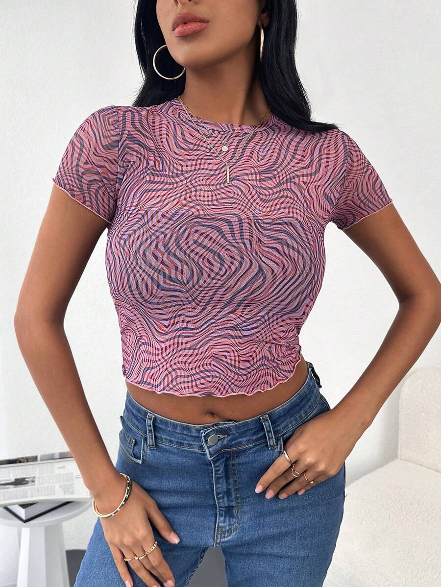 EURMUSE Allover Print Lettuce Trim Crop Tee - 彩色 - 查看 1