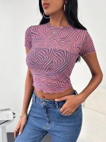 EURMUSE Allover Print Lettuce Trim Crop Tee - 彩色 - 查看 3