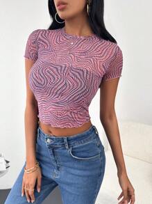 EURMUSE Allover Print Lettuce Trim Crop Tee - 彩色 - 查看 4