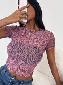 EURMUSE Allover Print Lettuce Trim Crop Tee - 彩色 - 查看 5
