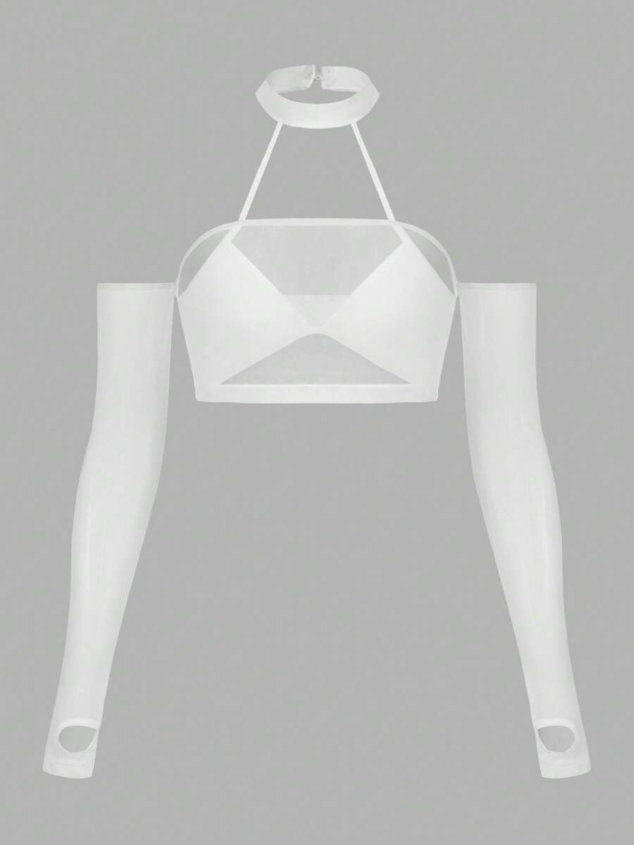 SHEIN ICON 前鏤空網紗上衣 - 白色 - 查看 1