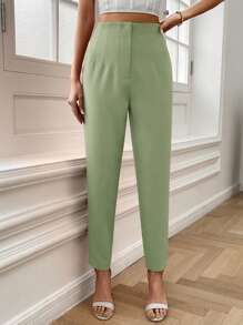 SHEIN Essnce 素色拉鏈門襟長褲 - 綠色 - 查看 1