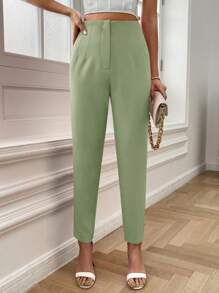 SHEIN Essnce 素色拉鏈門襟長褲 - 綠色 - 查看 5