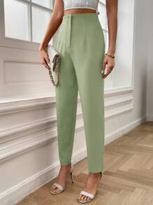 SHEIN Essnce 素色拉鏈門襟長褲 - 綠色 - 查看 6