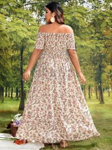 SHEIN VCAY Plus Ditsy Floral Print Off Shoulder Split Thigh Dress - Multicolor - View 3