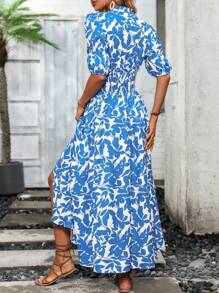 Breezaya 滿版樹葉印花高衩連衣裙 - 藍白色 - 查看 5